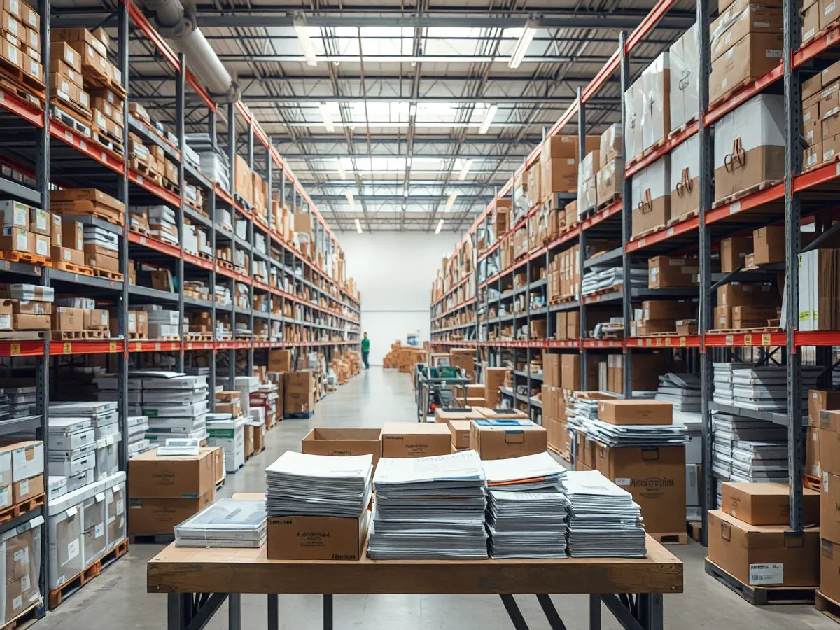 爱莱邦办公用品仓库实景,货架整齐,品类齐全