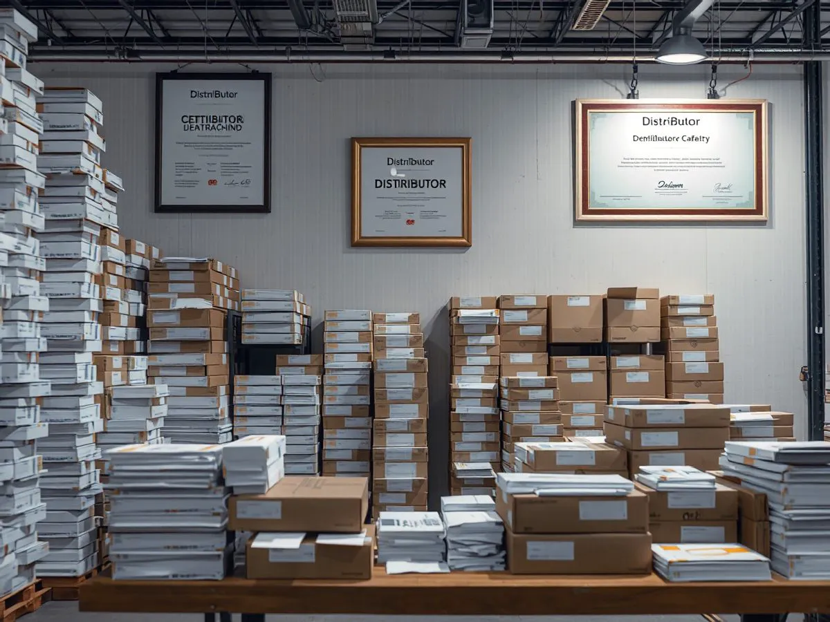 爱莱邦仓库内展示品牌授权经销商证书的场景